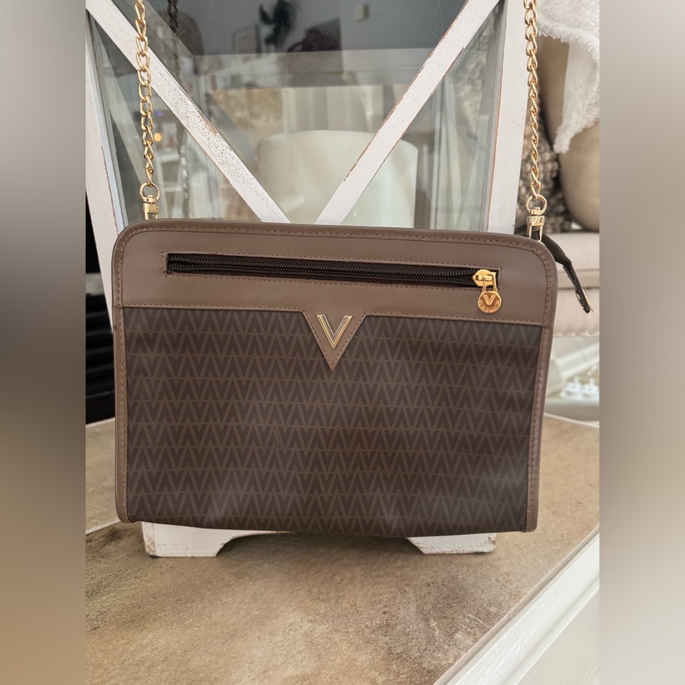 Mario Valentino Chic Brown & Gold Crossbody Patterned Handbag (gold chain strap)